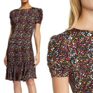 Tanya Taylor Micro Floral Mermaid Dress Women Ruched Ruffles Slinky Party Size M